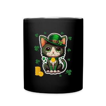 Chat mignon trèfle tenue chapeau st Patrick - Mug uni - noir - Devant