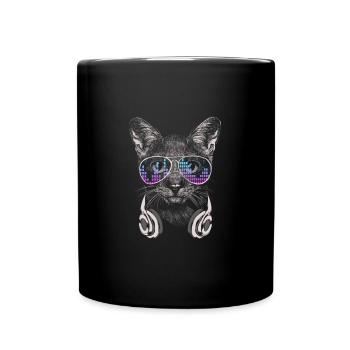Cat with headphones and cool sunglasses - Full Colour Mug - black - Front