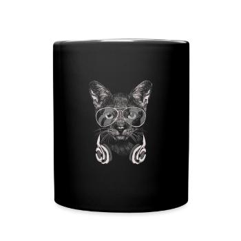 Katze mit Kopfhörer und cooler Sonnen Brille - Tasse einfarbig - Schwarz - Vorne
