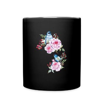 Blumen Vogel Floral Vögel - Tasse einfarbig - Schwarz - Vorne