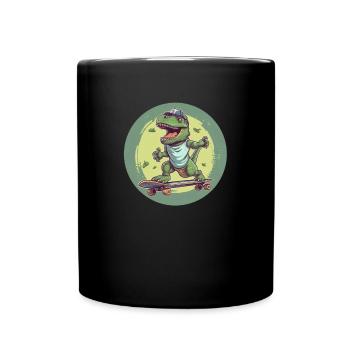Cool T-Rex with baseball cap on skateboard - Full Colour Mug - black - Front