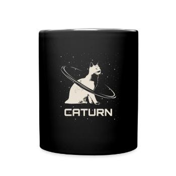 Saturn Caturn Katze Planet Weltall - Tasse einfarbig - Schwarz - Vorne