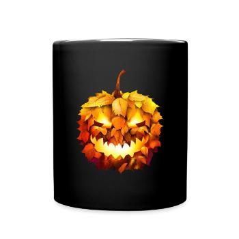 Glowing Halloween pumpkin in autumn foliage - Full Colour Mug - black - Front