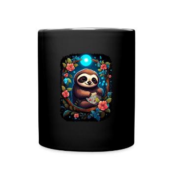Faultier Niedliches Tier Floraler Nachthimmel - Tasse einfarbig - Schwarz - Vorne