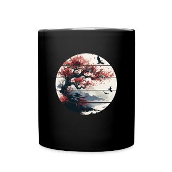 Japan Landscape Red Moon Birds Aesthetic Bonsai - Full Colour Mug - black - Front