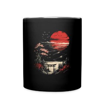 Japan Landscape Red Moon Birds Trees Bonsai - Full Colour Mug - black - Front