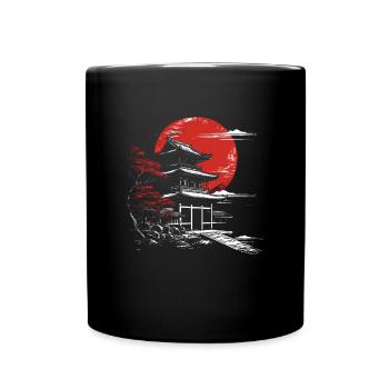 Japan Temple Red Moon Birds Aesthetic Bonsai - Full Colour Mug - black - Front