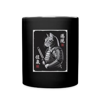 Chat Samouraï en Ukiyo-e japonais - Mug uni - noir - Devant