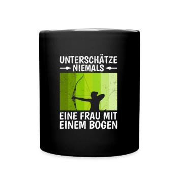 Unterschätze niemals eine Frau mit Bogen Damen - Tasse einfarbig - Schwarz - Vorne