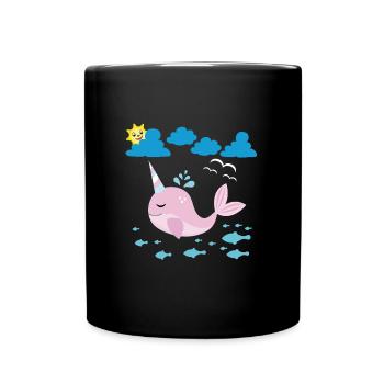 Petit narval, soleil souriant et poisson - Mug uni - noir - Devant