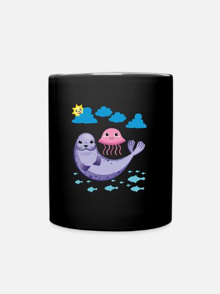 Kleiner Seehund Sonne Fische Qualle - Tasse einfarbig - Schwarz