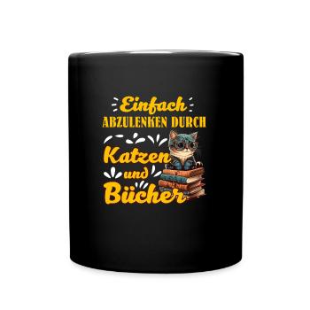 Katzen und Bücher Bücherwurm Katzenfans Lesefans - Tasse einfarbig - Schwarz - Vorne