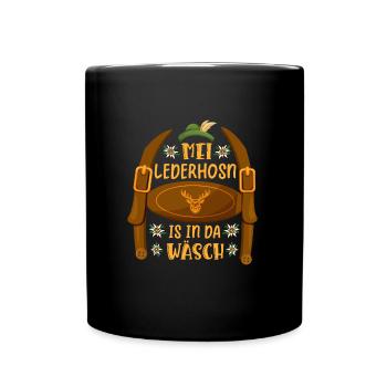 Mei Lederhosn is in da Wäsch Trachtenshirt - Tasse einfarbig - Schwarz - Vorne