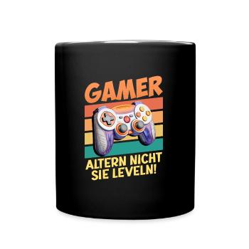 Gamer Altern nicht, Sie Leveln! Retro Gamer - Tasse einfarbig - Schwarz - Vorne