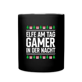 Elfe am Tag Gamer in der Nacht Weihnachten - Tasse einfarbig - Schwarz - Vorne