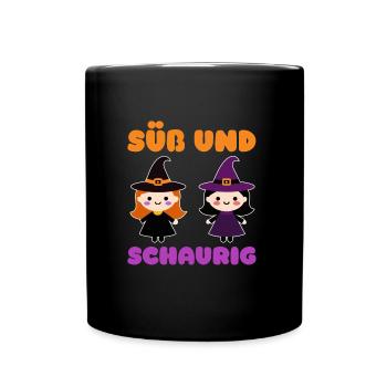 Halloween SÜß UND SCHAURIG Lustiges Halloween - Tasse einfarbig - Schwarz - Vorne