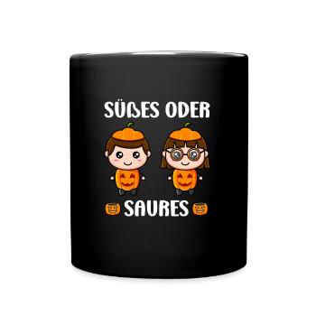 Halloween Kinderparty SÜßES ODER SAURES Lustiges - Tasse einfarbig - Schwarz - Vorne