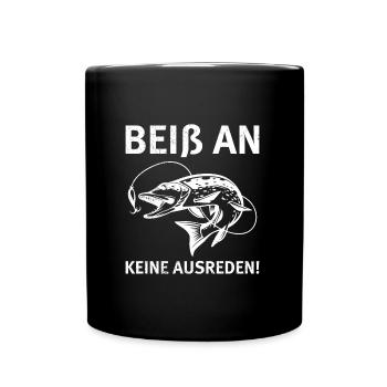 Hecht Angeln BEIß AN KEINE AUSREDEN Lustiges Hecht - Tasse einfarbig - Schwarz - Vorne