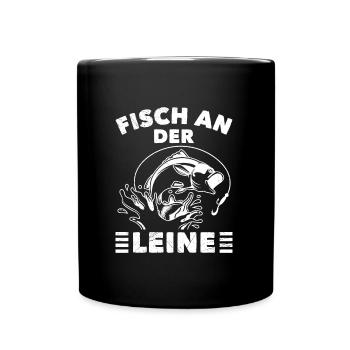 Angler Outfit FISCH AN DER LEINE Lustiges Angeln - Tasse einfarbig - Schwarz - Vorne