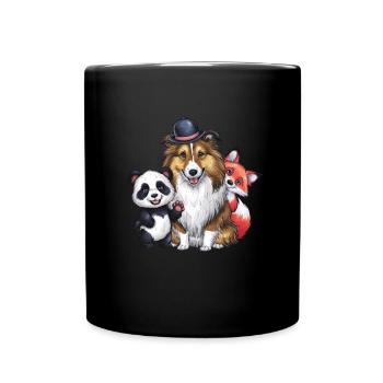 Sheltie (Shetland Sheepdog), Panda und Fuchs - Tasse einfarbig - Schwarz - Vorne