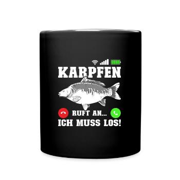 Angler KARPFEN RUFT AN MUSS LOS! Lustiges Karpfen - Tasse einfarbig - Schwarz - Vorne