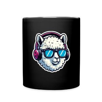 Alpaka mit Sonnenbrille und Kopfhörern - Tasse einfarbig - Schwarz - Vorne