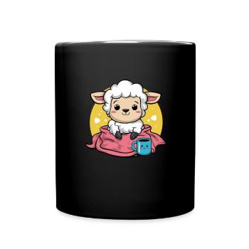 Kawaii Schaf mit Tasse und Decke - Tasse einfarbig - Schwarz - Vorne