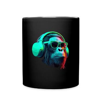 Affe Schimpanse mit Sonnenbrille und Kopfhörer DJ - Tasse einfarbig - Schwarz - Vorne