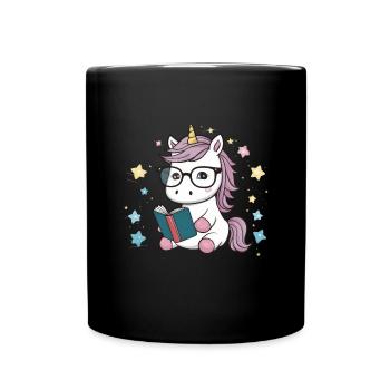 Kawaii Einhorn mit Brille und Buch - Tasse einfarbig - Schwarz - Vorne