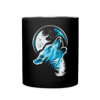 blauer Wolf Mond jaulen Illustration Waldtiere - Tasse einfarbig - Schwarz - Vorne