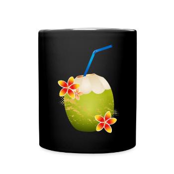 Coconut cocktail decorated with flower & drinking straw - Full Colour Mug - black - Front
