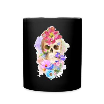 Colorful skull with flowers poppy tulip iris - Full Colour Mug - black - Front