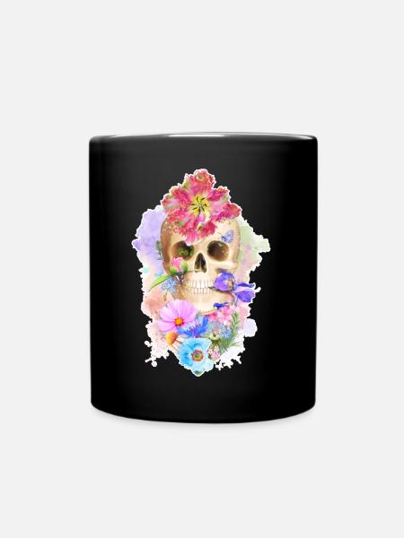 Crâne coloré avec cœur de fleurs - Mug uni - noir