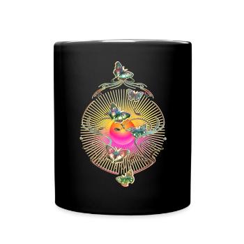 Schmetterlinge Schnörkel Ranke Sonne Muster - Tasse einfarbig - Schwarz - Vorne
