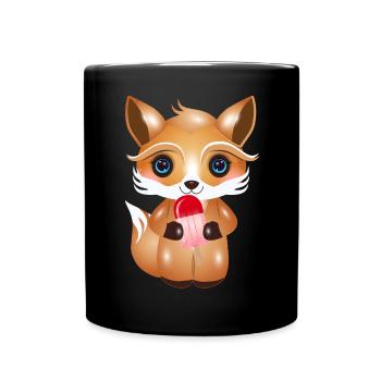 Cute kawaii fox with red ice cream on style - Full Colour Mug - black - Front