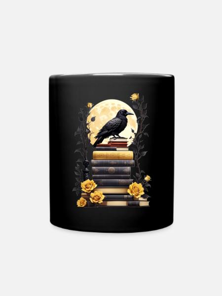 Bücherstapel mit Rabe - Tasse einfarbig - Schwarz