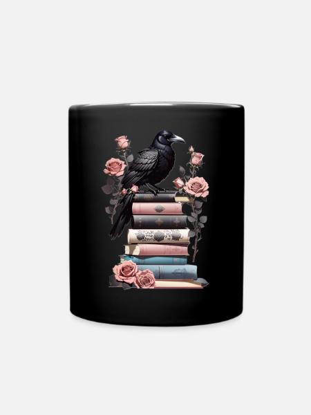 Bücherstapel mit Rabe - Tasse einfarbig - Schwarz