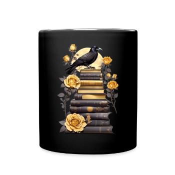 Bücherstapel mit Rabe - Tasse einfarbig - Schwarz - Vorne