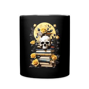 Bücherstapel mit Schädel - Tasse einfarbig - Schwarz - Vorne