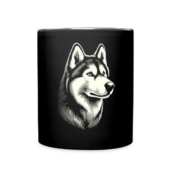 Huskykopf, schwarz-weiß, Hundeschlitten - Tasse einfarbig - Schwarz - Vorne