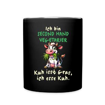 Second Hand Vegetarier – Lustiges Kuh-Design - Tasse einfarbig - Schwarz - Vorne