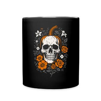 Floral pumpkin head with skull - Halloween - Full Colour Mug - black - Front