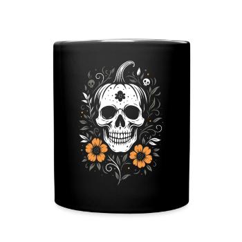 Halloween Skull with Pumpkin Stem & Flowers - Full Colour Mug - black - Front