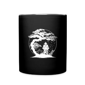 Japanischer Krieger unter Kirschblüten - Tasse einfarbig - Schwarz - Vorne