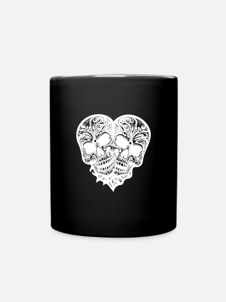 Deux crânes Coeur Tatouage Style Tribal - Mug uni - noir