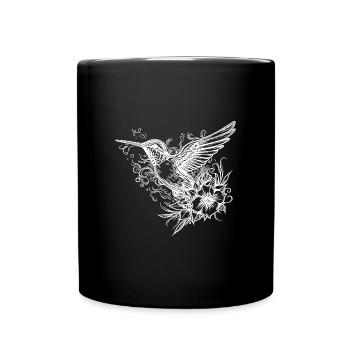 Tattoo Style Kolibri fliegend zwischen Blumen - Tasse einfarbig - Schwarz - Vorne