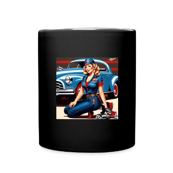 Pinup im Retrowagen Blau - Tasse einfarbig - Schwarz - Vorne