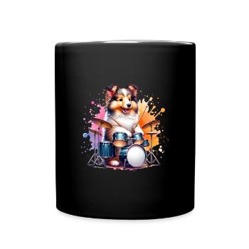 Cool Sheltie Puppy as Drummer - Full Colour Mug - black - Front