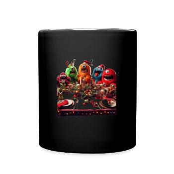 Humorvolle Monster-Weihnachtsszene - Tasse einfarbig - Schwarz - Vorne