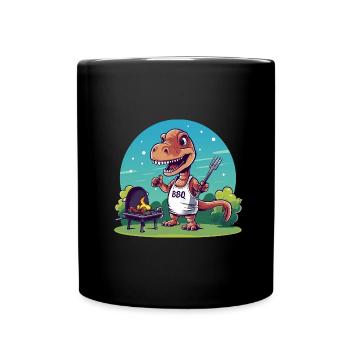Cute Comic Dino beim Grillfest - Tasse einfarbig - Schwarz - Vorne